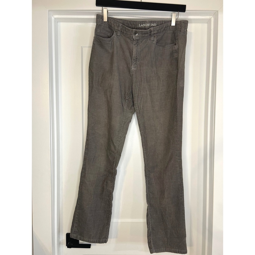 Lands End Womens Grey Mid Rise Straight Corduroy Pants Size 12 Stretch Fine Wale